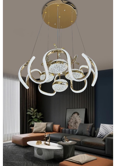 Eliza 4 Toplu Simli Slikonlu Modern Yüksek Işık Salon Led Avizesi - Kumandalı / Gold Gold