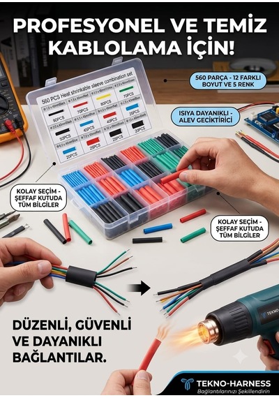 Termaltech 560 Parça Isı Ile Daralan Makaron Seti - Kablo Yalıtım Ve Tamir Kiti 5 Renk / 12 Boyut