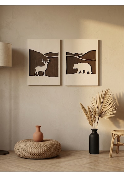 Kaveld Nordic Spirit 2'li Duvar Sanatı Seti - Minimalist Iskandinav Nordic Kazıma Tablo, Bejvekahverengi