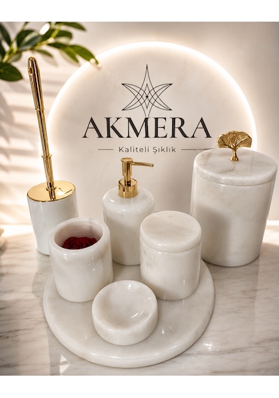 Akmera Elite 7 Parça %100 Gerçek Mermer Banyo Seti Altın - Beyaz