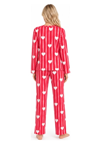 Sleeeproom Kadın Süet Mevsimlik Çizgili Kalp Desen Pijama Takımı Kırmızı Kalpli
