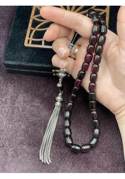 Alpaka Nakkaş İmameli Koyu Mürdüm Sıkma Kehribar Tesbih 9x11 Mm Bordo