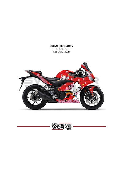 Yamaha R25 Hello Kitty Kaplama Sticker Motor Kaplama Modeli Hazır Kit 2019 / 2024 Uyumlu Kırmızı