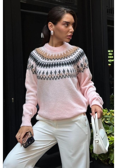 Madmext Pembe Bisiklet Yaka Desenli Kadın Triko Kazak Mg2502 Pembe