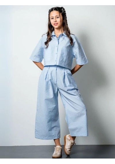 Zekids Kız Çocuk Crop Gömlek Poplin Pantolon Takım-15793 Mavi