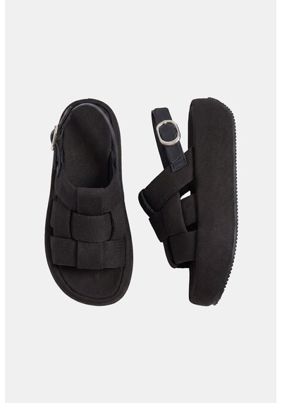 Kadın Siyah İthal Özel Kumaş Örgülü Yüksek Platform Tasarım T77 Sandalet