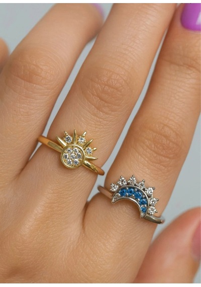 Çekirdekjewelry 925 Ayar Gümüş Ay Güneş Ayarlanabilir Yüzük Çok Renkli