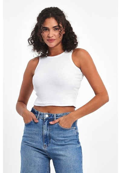 Comeor Kadın Beyaz Fitilli Görünümlü Askılı Kalın Esnek Örme Basic Crop Atlet Bluz Cmrb93