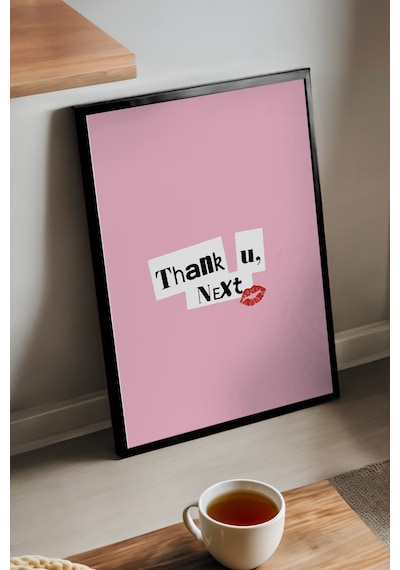 Thank You, Next Doğal Ahşap Çerçeveli Poster, Dekoratif Pembe Duvar Tablosu