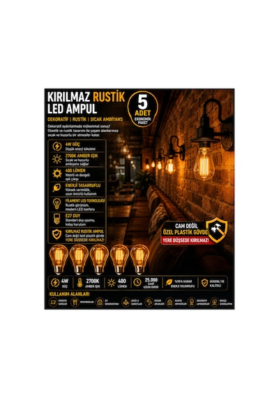 5 Adet Kırılmaz Rustik Led Ampul 4w 2700k Amber Işık 400 Lümen E27 Dekoratif Filament Ampul Otantik Cafe Restoran Ev Aydınlatma,dekoratif Vintage Edison Glop Ampul 220v,