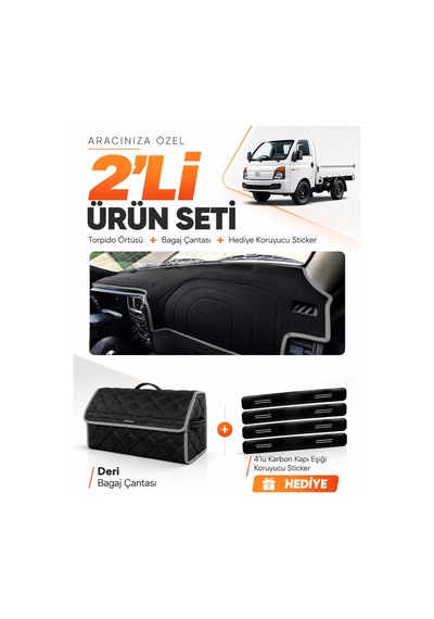 E-biz Hyundai H100 2020-2024 Uyumlu Torpido Örtüsü + Deri Bagaj Çantası Seti - Siyah-gri - Hu023