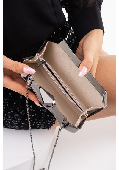By Eduu Byeduu Dark Gray Metal Clutch Portföy Abiye Çanta Platin Siyah