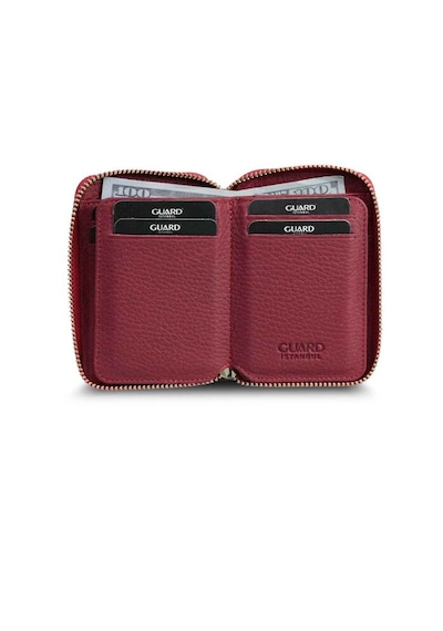 Guard Leather Guard Fermuarlı Kırmızı Deri Mini Cüzdan