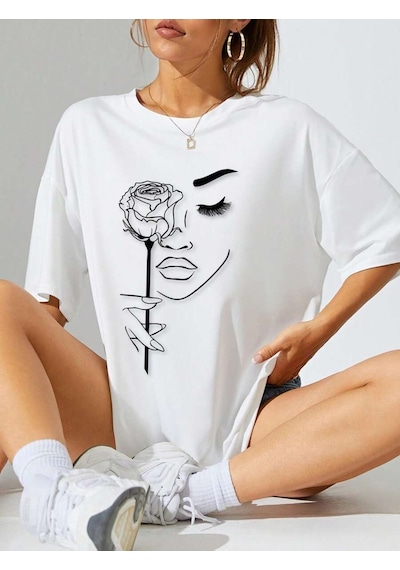 Uyguntarz Unisex Gül & Siluet Baskılı Tasarım Tshirt Beyaz