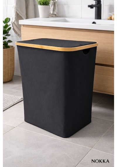 Bambu 100 Litre Kapaklı Katlanabilir Çamaşır Sepeti, 2 Bölmeli Kirli Sepeti 60x54x33 Diğer