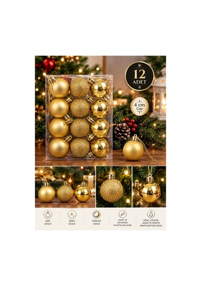 Yeni Yıla Özel 12 Parça Yılbaşı Çam Ağacı Topları Sarı Gold Renkli Noel Ağacı Süs Topları 4 Cm Diğer