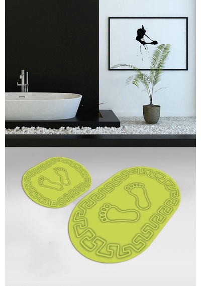 Buççin Online Mağaza Dijital Baskılı Kaymaz Yıkanabilir Ayak Desen Oval Banyo Takımı Klozet Takımı Polyester Yeşil Çok Renkli