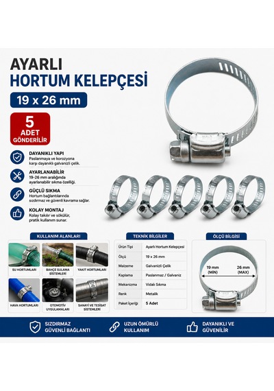 Ayarlı Hortum Kelepçesi 19-26 Mm 5 Adet Gönderilir 19 26 Mm