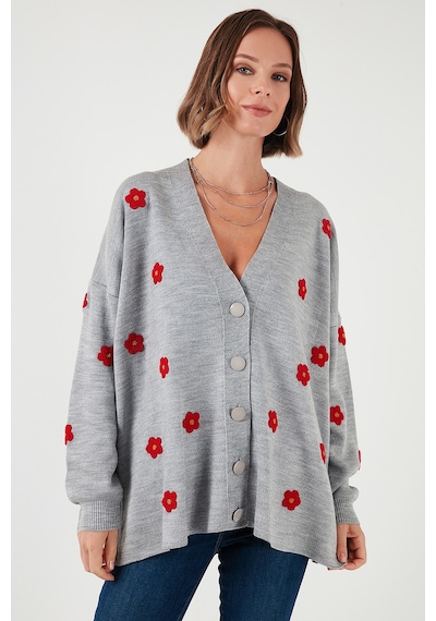 Lela Oversize Fit Çiçekli Düğmeli V Yaka Soft Akrilik Bayan Hırka 4616192 Açık Gri