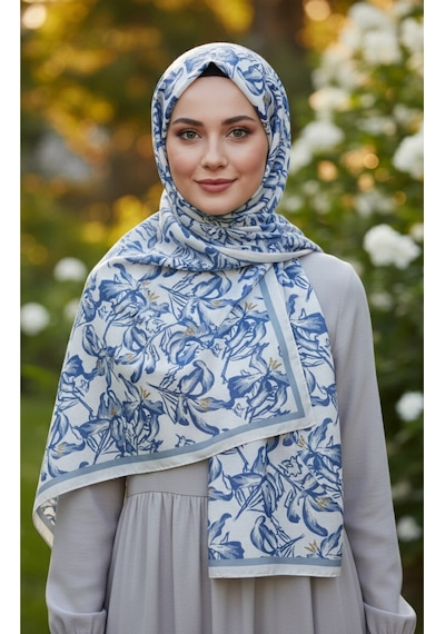 Vivid Floral Desen Pure Touch Koton Şal 75x185cm Ekru-mavi