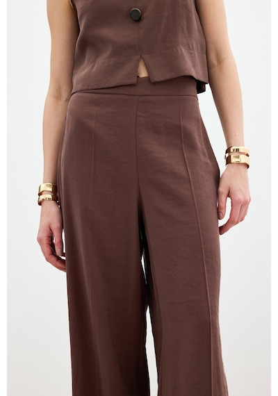 Sateen Yüksek Bel Keten Pantolon - Kahve-136164 Kahve