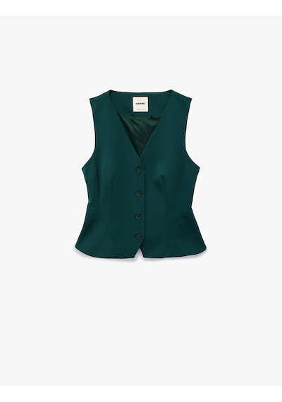 Koton Slim Fit Peplum Kesim V Yaka Düğmeli Blazer Yelek Yeşil 6wak20034pw Zeytin Yeşili