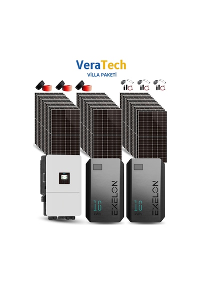 Veratech 20kw Villa Solar Paketi - 600w Topcon Half Cut Güneş Paneli, 20kw Hibrit İnverter, 30kw Lityum Batarya