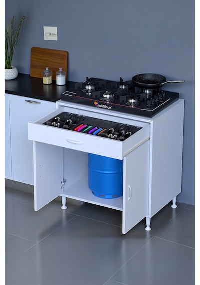 Eliusta Lumin Tüp Yuvalı 70 Cm Ankastre Ocak Altı Dolap 70x88x48 Cm Beyaz Dolap Çekmeceli Mutfak Organizeri Beyaz