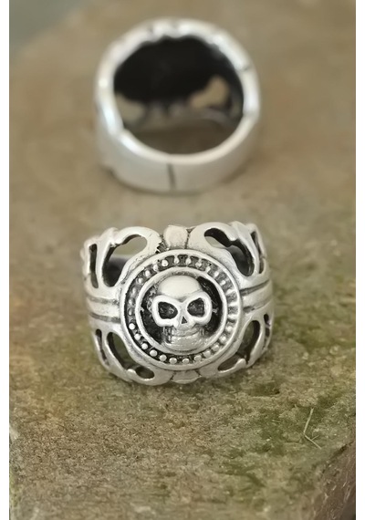 Eskitme Gümüş Renk Metal Kuru Kafa Tasarım Ayarlamalı Erkek Yüzük Gümüş