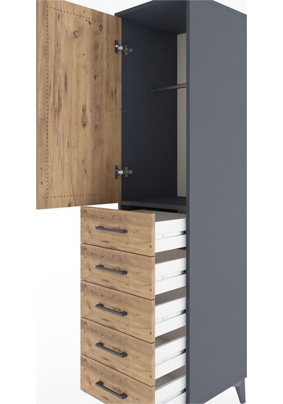 Hyperion Dolap Tek Raflı 5 Çekmeceli Tek Askılı 44x44x182 Ant... Antrasit