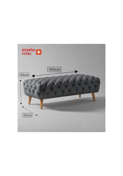 Smarto Relax Swiss Style Puf Adelboden Kapitone Puf,baby Face Polyester Kaplama,ahşap Ayaklı 100 X 50 X 45 Cm Kapitone Puf,ayaklı Gri