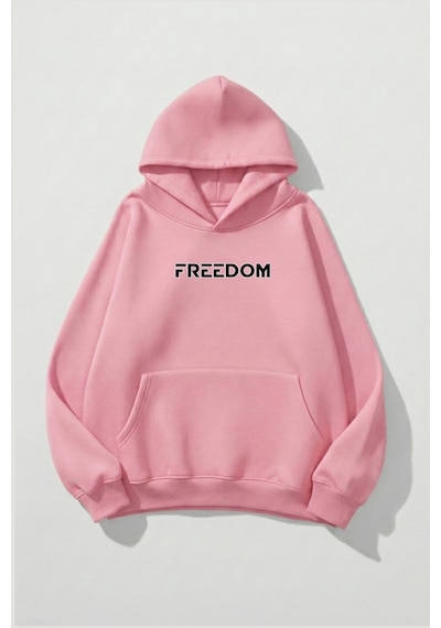 Uyguntarz Unisex Yumuşak Dokulu Freedom Baskılı Tasarım Oversize 3 İplik Hoodie Sweatshirt Pembe