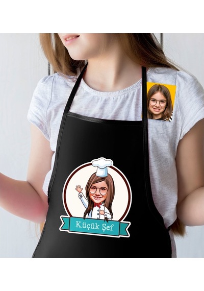 Kişiye Özel Küçük Şef Karikatürlü Kız Çocuk Siyah Mutfak Önlüğü-5