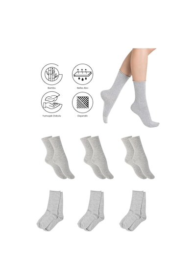 Saysez Bambu Kadın Lastiksiz Gri Soket Dikişsiz Premium Çorap 3'lü Pkt Gri Melanj