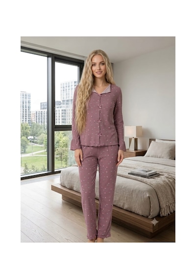Kadın Uzun Kollu Desenli Fiyonk Detaylı Kaşkorse Kumaş Pijama Takımı Gül Kurusu