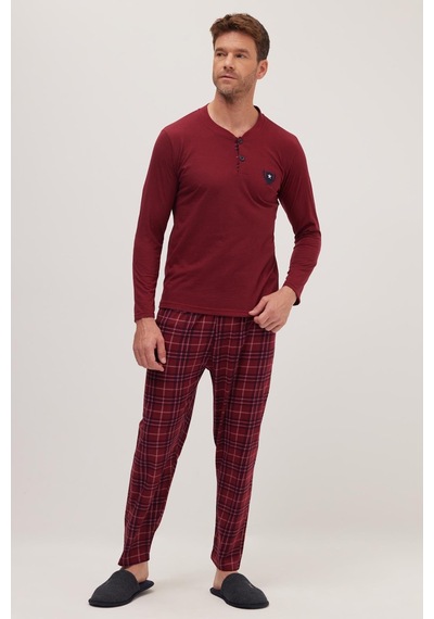 Tudors Erkek Regular Fit Pamuklu Düğmeli Yaka Beli Lastikli Desenli Bordo Pijama Takımı-39790 Bordo