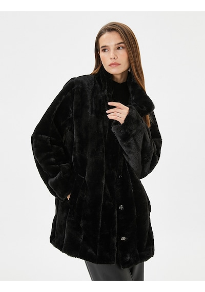 Koton Peluş Mont Dik Yaka Cep Detaylı Siyah 4wak00098ew Siyah