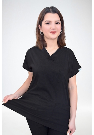 Unisex Soft Likralı Siyah Doktor Hemşire Nöbet Üniforma Takımı Scrubs Siyah Siyah