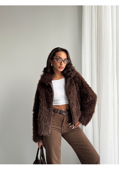 Verymoda Yapay Kürk Kadın Ceket Fermuarlı, Yumuşak Dokulu Modern Kışlık Mont F2037 Koyu Kahve
