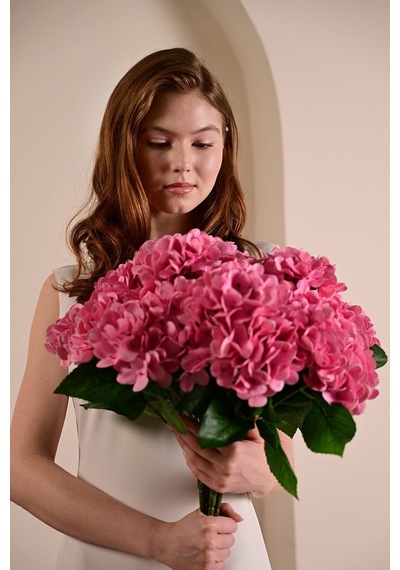 Pembe Yapay Ortanca Çiçeği 5 Dallı Premium Canlı Islak Dokulu 42 Cm