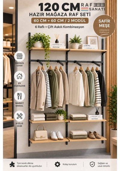 120 Cm Duvar Raf Askılık Sistemi 6 Raflı 2 Modül 200 Cm Konik Dikme Hazır Set Safir Meşe