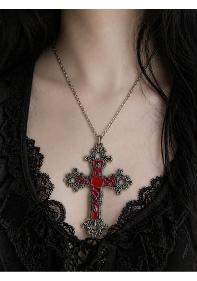 Kırmızı Detaylı Gotik Haç Kolye Unisex Metal Zincirli Çok renkli