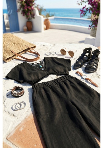 Fashion Cocktail Relax İnce Keten Bel Lastikli Pantolon Sırt Lastikli Damla Model Göbek Açık Bohem Crop Yazlık Takım Siyah Fashion Cocktail Relax İnce Keten Bel Lastikli Pantolon Sırt Lastikli Damla Model Göbek Açık Bohem Crop Yazlık Takım Siyah