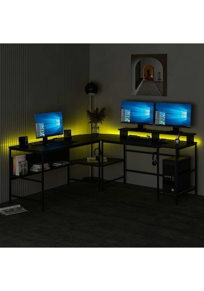 Minar Greta Rgb Led Işıklı L Köşe Çalışma Masası Siyah