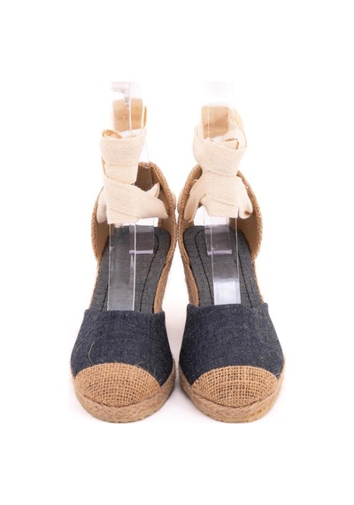 Star Tombis Gerçek Elişi Kot Mavisi Ipli Dolgu Topuk Keten Espadril Handmade Mavi