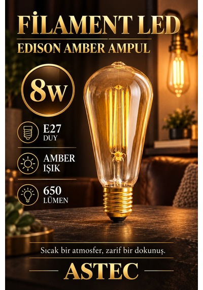 Astec E27 Edison 8 Watt Amber Filament Ampul Dekoratif Filament Led