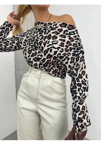Cemo Leopar Desenlı Uzun Kollu Asimetrik Yaka Bluz LEOPAR