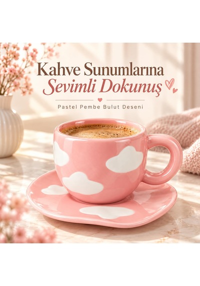 Valkyrie Bulut Desenli Pembe Kahve Fincanı Ve Tabağı Seramik Şık Sunum Seti