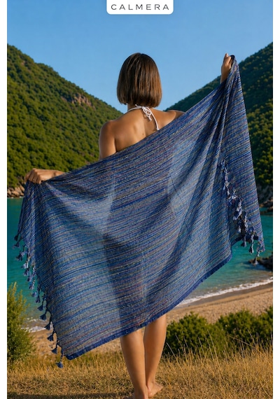 Calmera Etnika Peştemal İnce - Renkli Saçaklı Plaj Pareo, Deniz, Havuz, Yoga, Kamp, Pilates Havlusu - Lacivert
