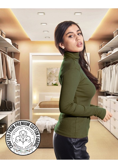 Alya Underwear Kaşkorse Tam Boğazlı Body Sweatshirt, Fitilli Kumaş, Likralı, Gül Kurusu Asker Yeşili